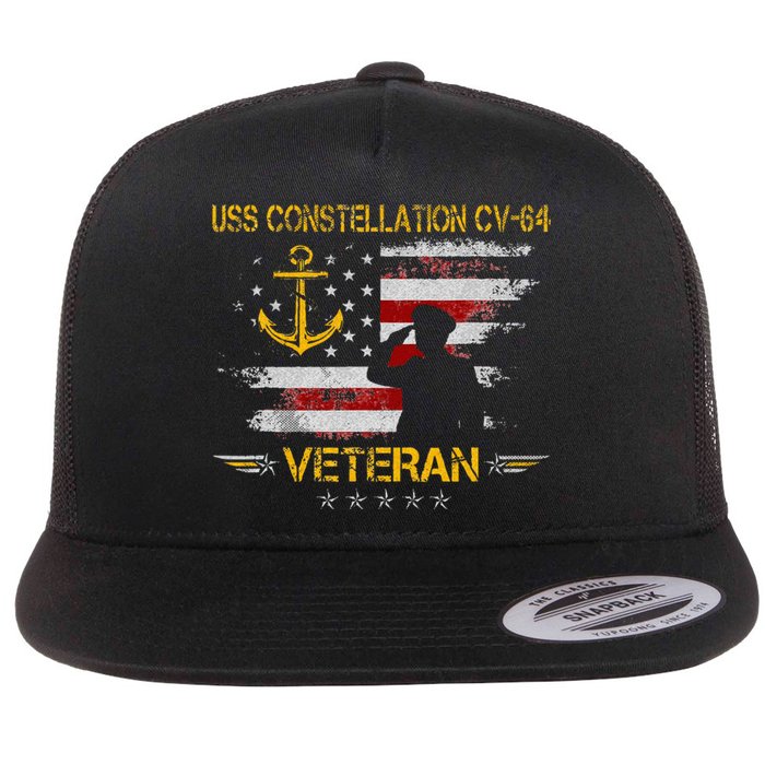 USS Constellation CV 64 Aircraft Carrier Veteran Flag Retro Flat Bill Trucker Hat