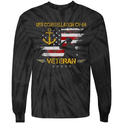 USS Constellation CV 64 Aircraft Carrier Veteran Flag Retro Tie-Dye Long Sleeve Shirt