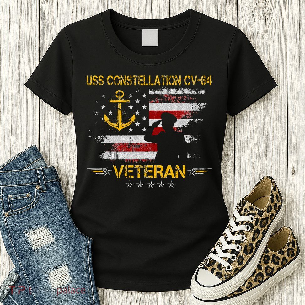 USS Constellation CV 64 Aircraft Carrier Veteran Flag Retro Womens T-Shirt