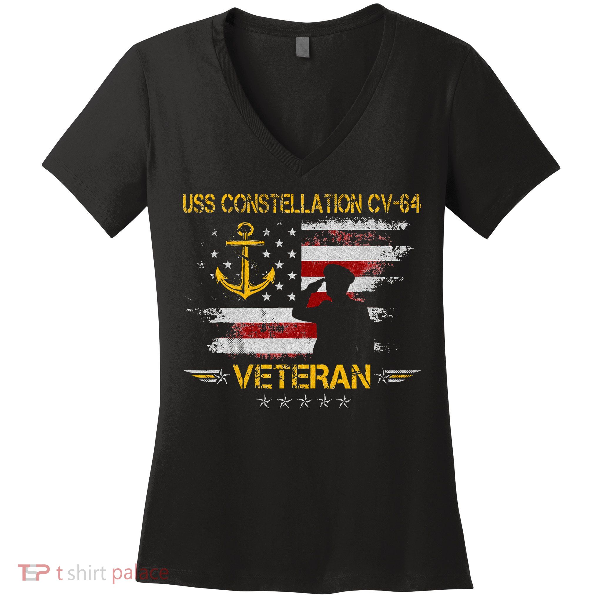 USS Constellation CV 64 Aircraft Carrier Veteran Flag Retro Women's V-Neck T-Shirt