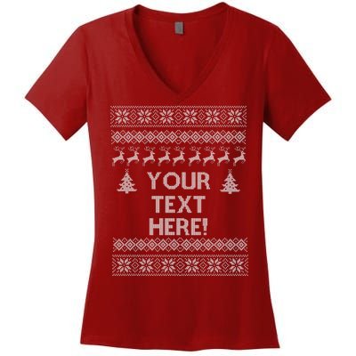 Custom Personalized Ugly Christmas Sweater Family Women's V-Neck T-Shirt