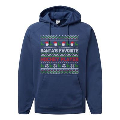 Ugly Christmas Design Funny SantaS Favorite Hockey Player Great Gift Performance Fleece Hoodie