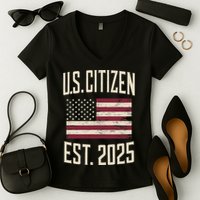 US Citizen Est 2025 Immigrant American Flag Citizenship Women's V-Neck T-Shirt