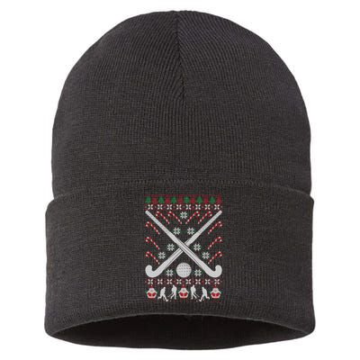 Ugly Christmas Funny Holiday Xmas Gift Field Hockey Sustainable Knit Beanie