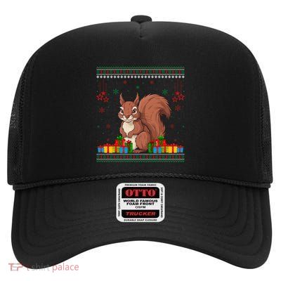 Ugly Christmas Funny Squirrel Lovers Xmas Holiday Gift High Crown Mesh Back Trucker Hat