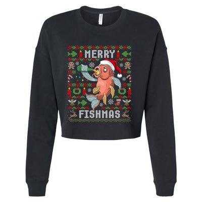 Ugly Christmas Fish Merry Fishmas Christmas Gift Cropped Pullover Crew