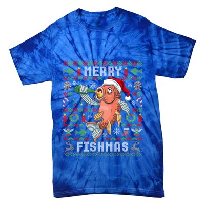 Ugly Christmas Fish Merry Fishmas Christmas Gift Tie-Dye T-Shirt
