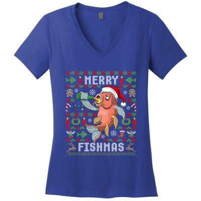 Ugly Christmas Fish Merry Fishmas Christmas Gift Women's V-Neck T-Shirt