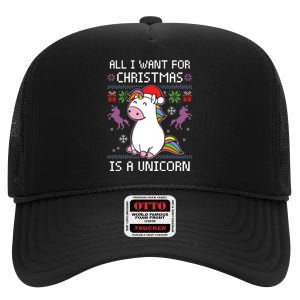 Ugly Christmas Gift All I Want For Christmas Is A Unicorn High Crown Mesh Back Trucker Hat