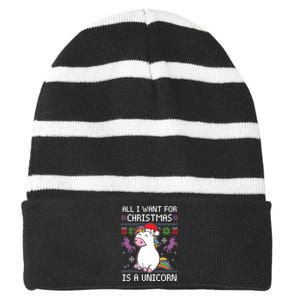 Ugly Christmas Gift All I Want For Christmas Is A Unicorn Striped Beanie with Solid Band