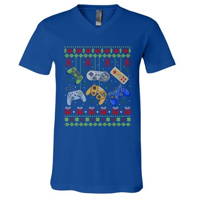 Ugly Christmas Gamers Video Game Controller Santa Elf V-Neck T-Shirt