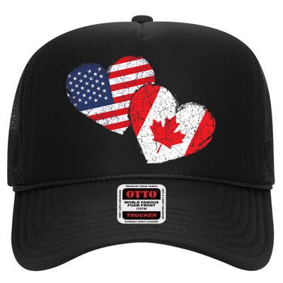 USA Canada Heart Country Flag American Canadian High Crown Mesh Back Trucker Hat