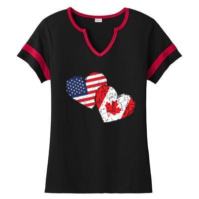 USA Canada Heart Country Flag American Canadian Ladies Halftime Notch Neck Tee