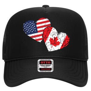 USA Canada Heart Country Flag American Canadian High Crown Mesh Back Trucker Hat