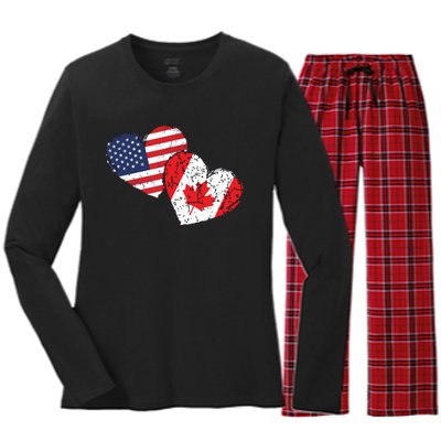 USA Canada Heart Country Flag American Canadian Women's Long Sleeve Flannel Pajama Set 