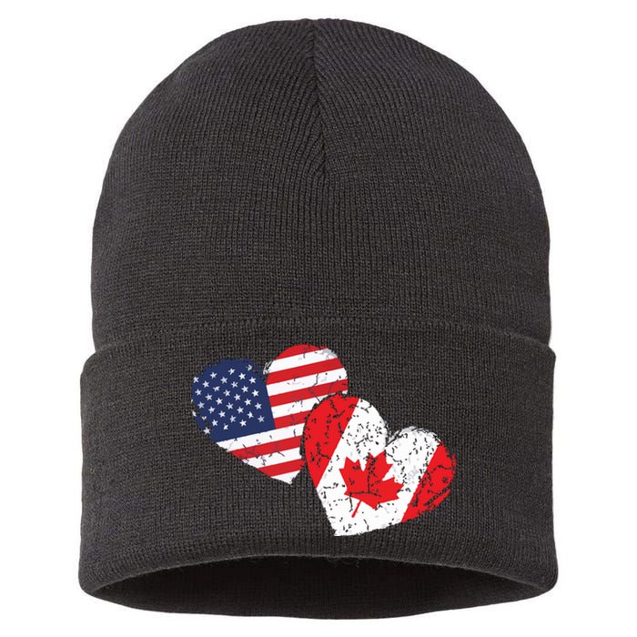 USA Canada Heart Country Flag American Canadian Sustainable Knit Beanie