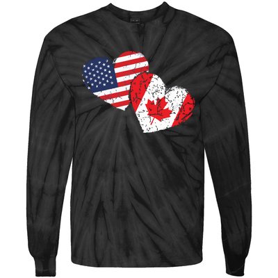 USA Canada Heart Country Flag American Canadian Tie-Dye Long Sleeve Shirt