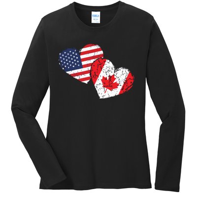 USA Canada Heart Country Flag American Canadian Ladies Long Sleeve Shirt