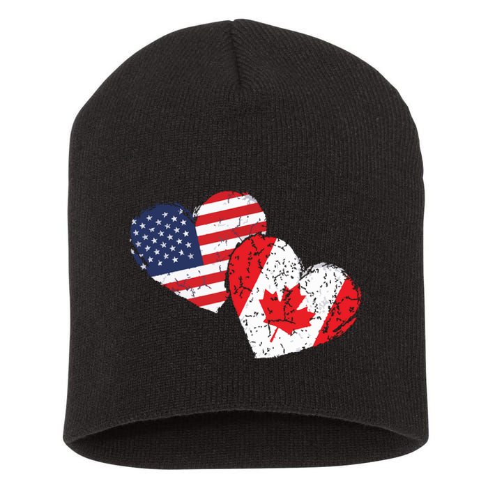 USA Canada Heart Country Flag American Canadian Short Acrylic Beanie