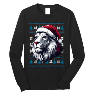 Ugly Christmas Lion Lovers Holiday Lion Santa Hat Long Sleeve Shirt