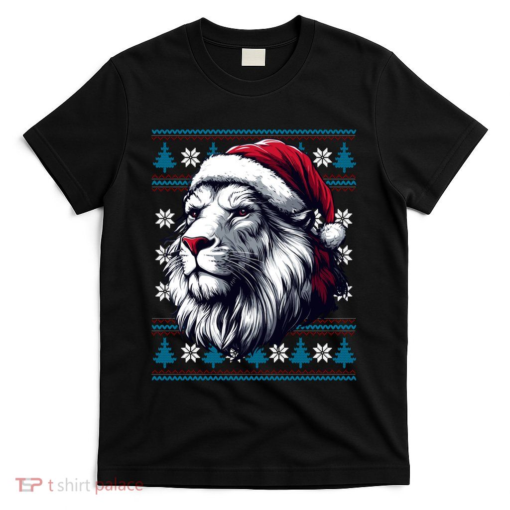 Ugly Christmas Lion Lovers Holiday Lion Santa Hat T-Shirt