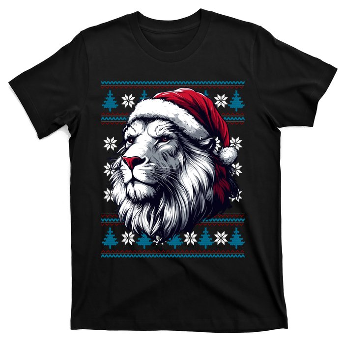 Ugly Christmas Lion Lovers Holiday Lion Santa Hat T-Shirt