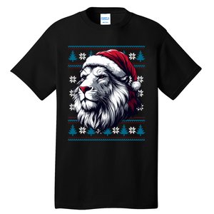 Ugly Christmas Lion Lovers Holiday Lion Santa Hat Tall T-Shirt