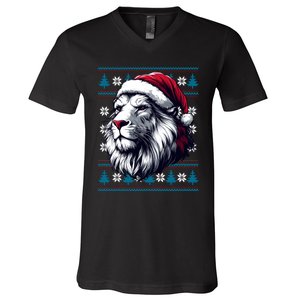 Ugly Christmas Lion Lovers Holiday Lion Santa Hat V-Neck T-Shirt