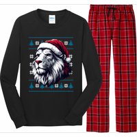 Ugly Christmas Lion Lovers Holiday Lion Santa Hat Long Sleeve Pajama Set