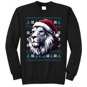 Ugly Christmas Lion Lovers Holiday Lion Santa Hat Tall Sweatshirt