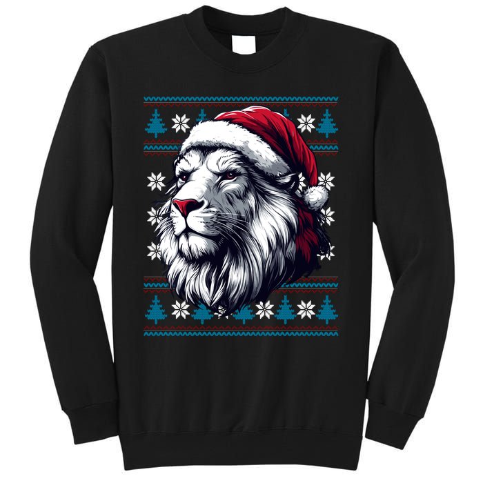 Ugly Christmas Lion Lovers Holiday Lion Santa Hat Tall Sweatshirt