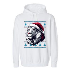 Ugly Christmas Lion Lovers Holiday Lion Santa Hat Garment-Dyed Fleece Hoodie