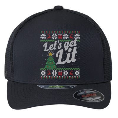 Ugly Christmas Lets Get Lit Funny Tree Gift Flexfit Unipanel Trucker Cap