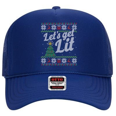 Ugly Christmas Lets Get Lit Funny Tree Gift High Crown Mesh Back Trucker Hat