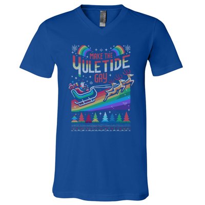 Ugly Christmas Lgbtq Pride Santa Claus Make Yuletide Gift V-Neck T-Shirt