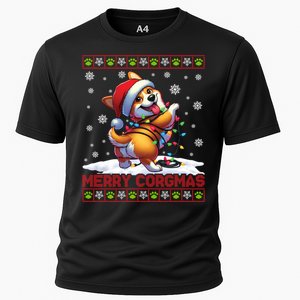 Ugly Christmas Lights Santa Hat Snowflakes Funny Gift Merry Corgmas Cooling Performance Crew T-Shirt