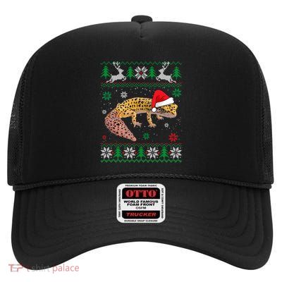 Ugly Christmas Leopard Gecko Lover Santa Hat Animals Gift High Crown Mesh Back Trucker Hat
