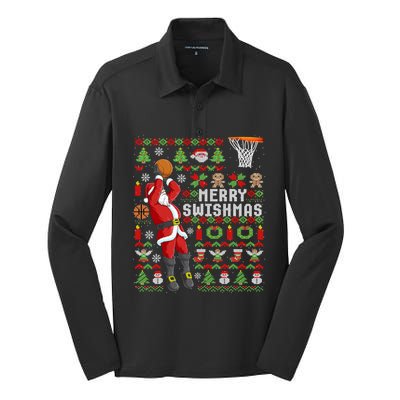 Ugly Christmas Merry Swishmas Basketball Gift Silk Touch Performance Long Sleeve Polo