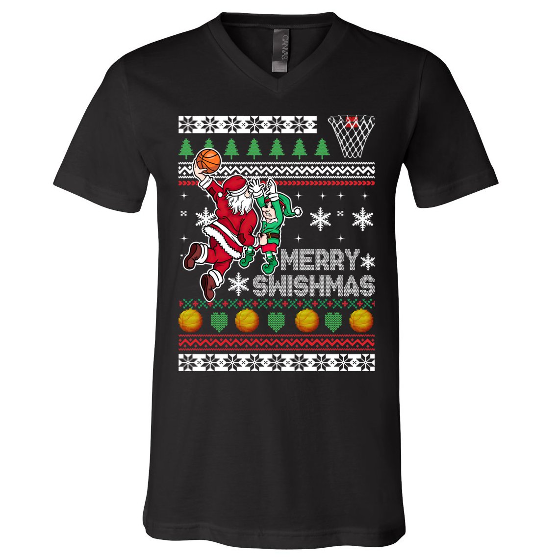 Ugly Christmas Merry Swishmas Basketball Gift V-Neck T-Shirt