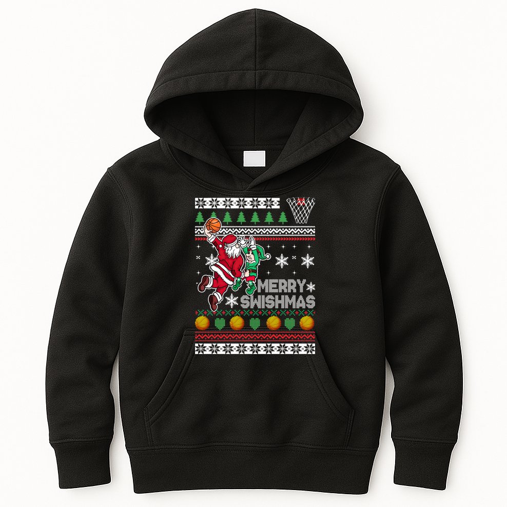 Ugly Christmas Merry Swishmas Basketball Gift Kids Hoodie