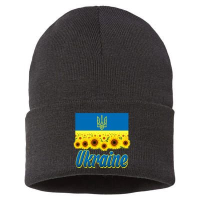 Ukraine Coat Of Arms Flag Blue Sky Field Of Sunflowers Sustainable Knit Beanie