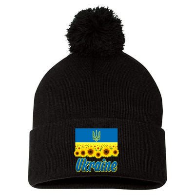 Ukraine Coat Of Arms Flag Blue Sky Field Of Sunflowers Pom Pom 12in Knit Beanie