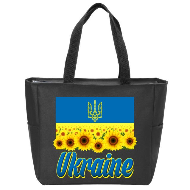 Ukraine Coat Of Arms Flag Blue Sky Field Of Sunflowers Zip Tote Bag
