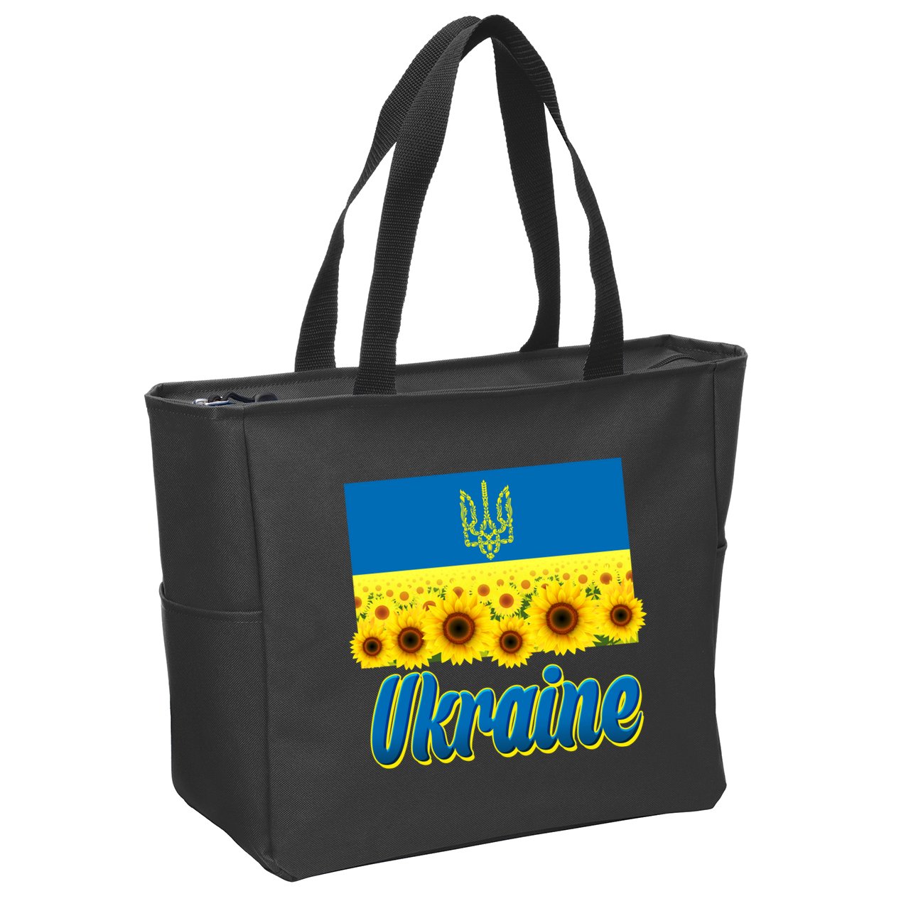 Ukraine Coat Of Arms Flag Blue Sky Field Of Sunflowers Zip Tote Bag