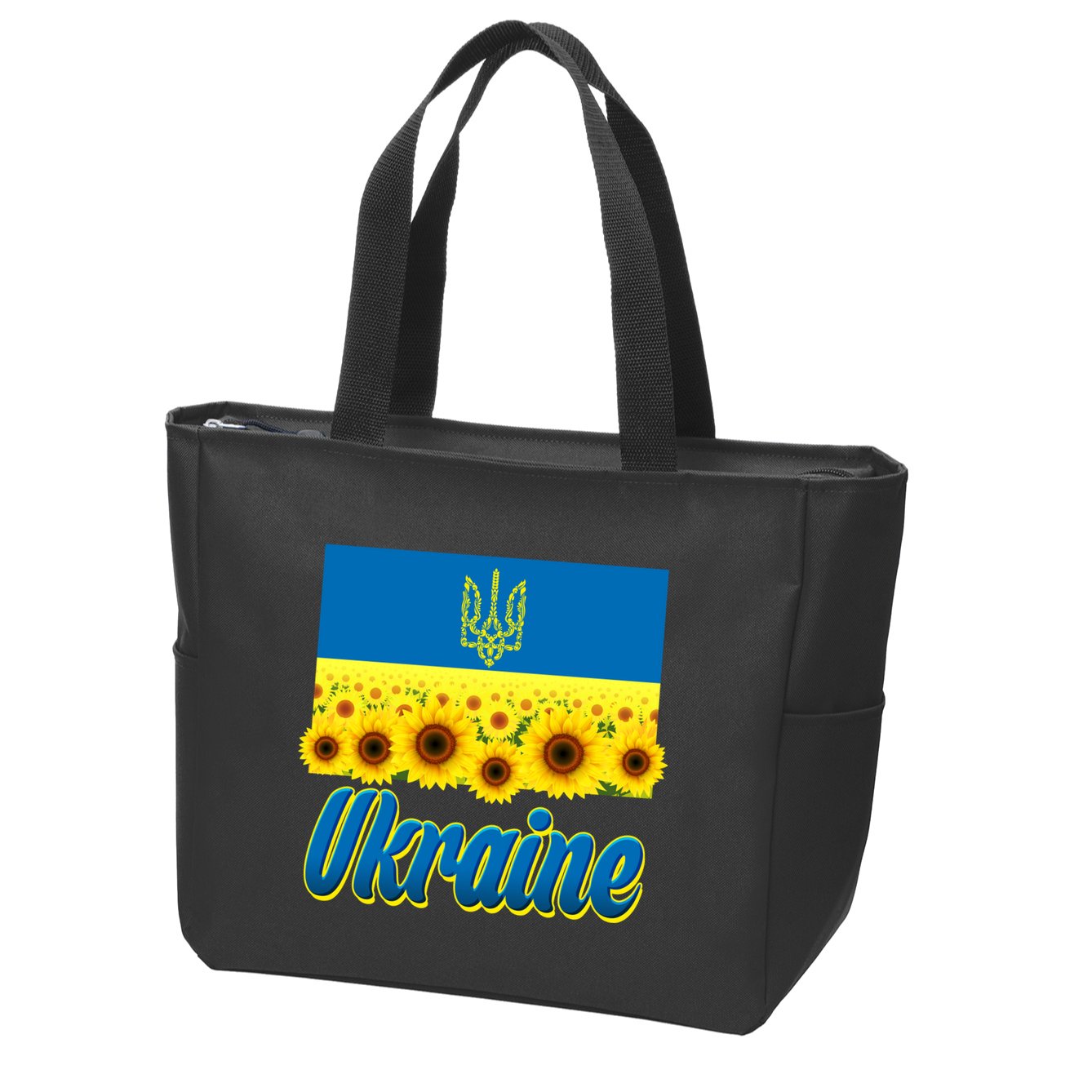 Ukraine Coat Of Arms Flag Blue Sky Field Of Sunflowers Zip Tote Bag
