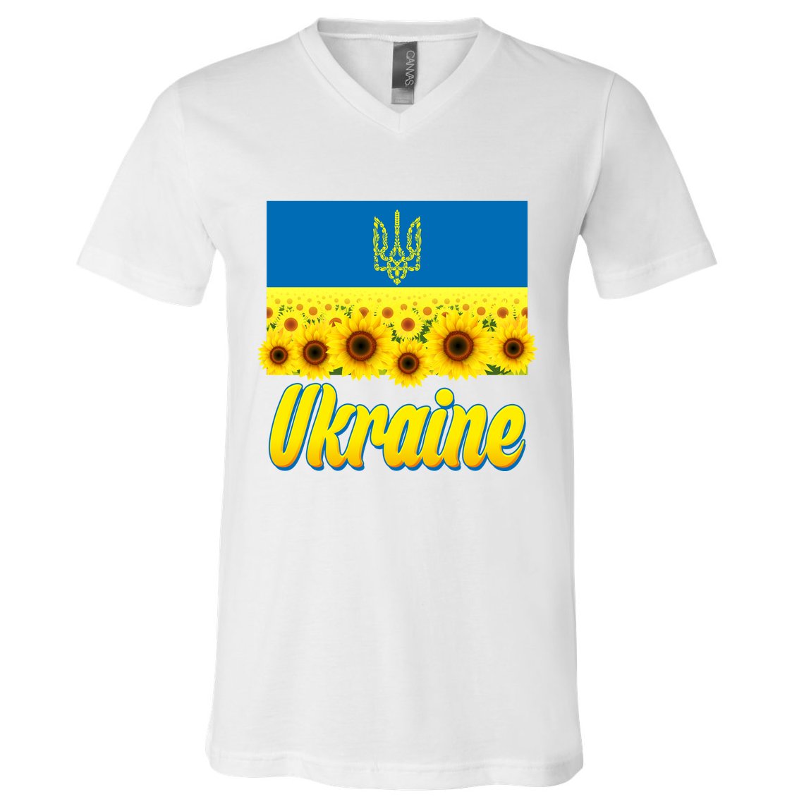 Ukraine Coat Of Arms Flag Blue Sky Field Of Sunflowers V-Neck T-Shirt