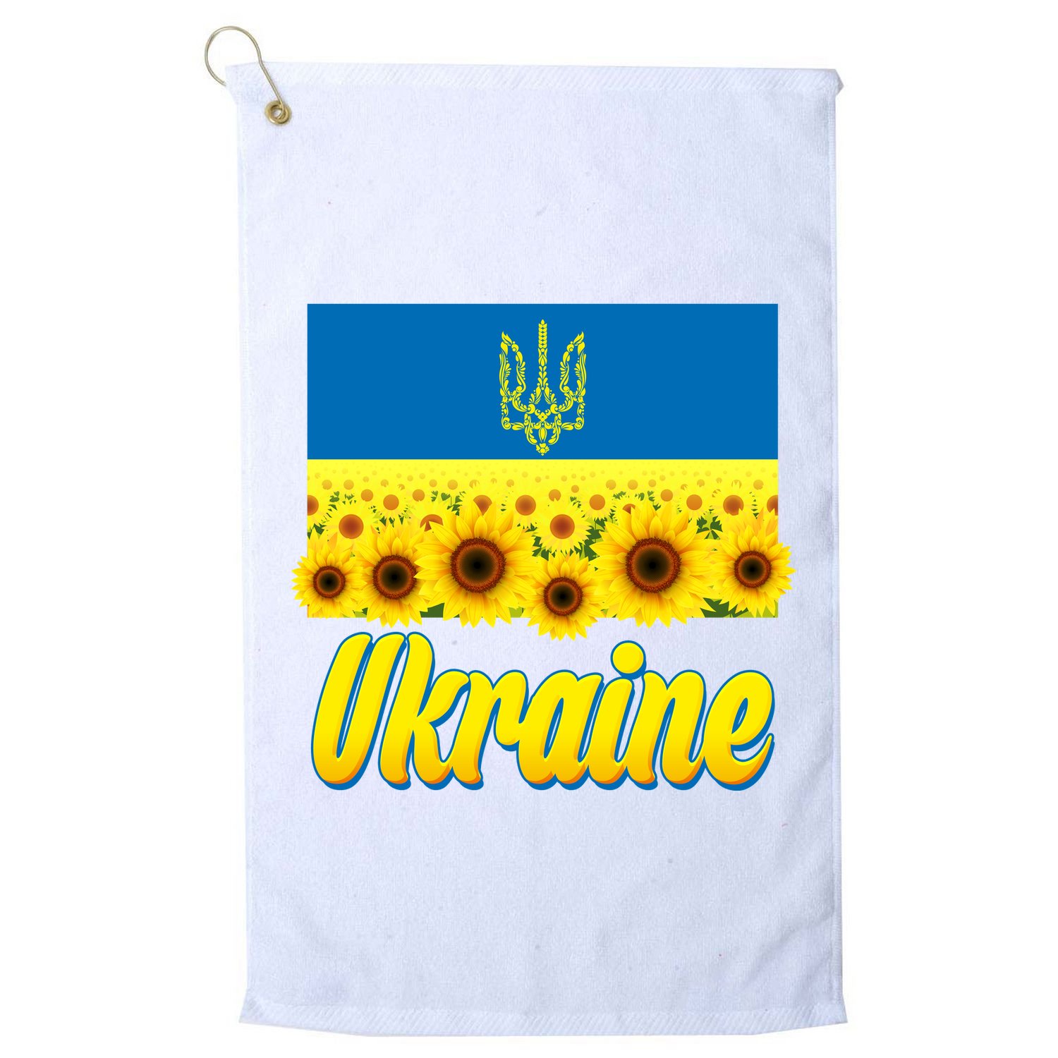 Ukraine Coat Of Arms Flag Blue Sky Field Of Sunflowers Golf Towel