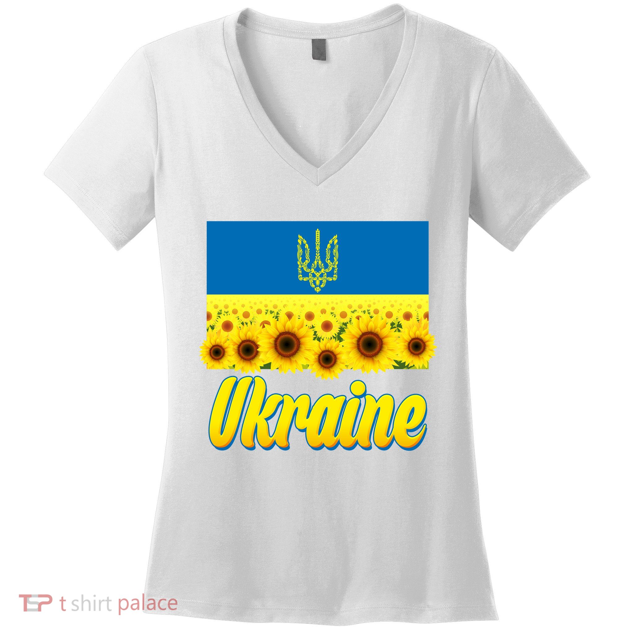 Ukraine Coat Of Arms Flag Blue Sky Field Of Sunflowers Women's V-Neck T-Shirt