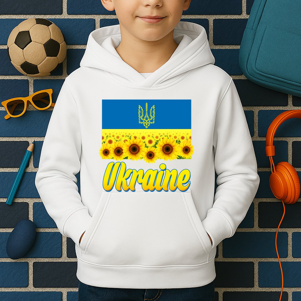 Ukraine Coat Of Arms Flag Blue Sky Field Of Sunflowers Kids Hoodie