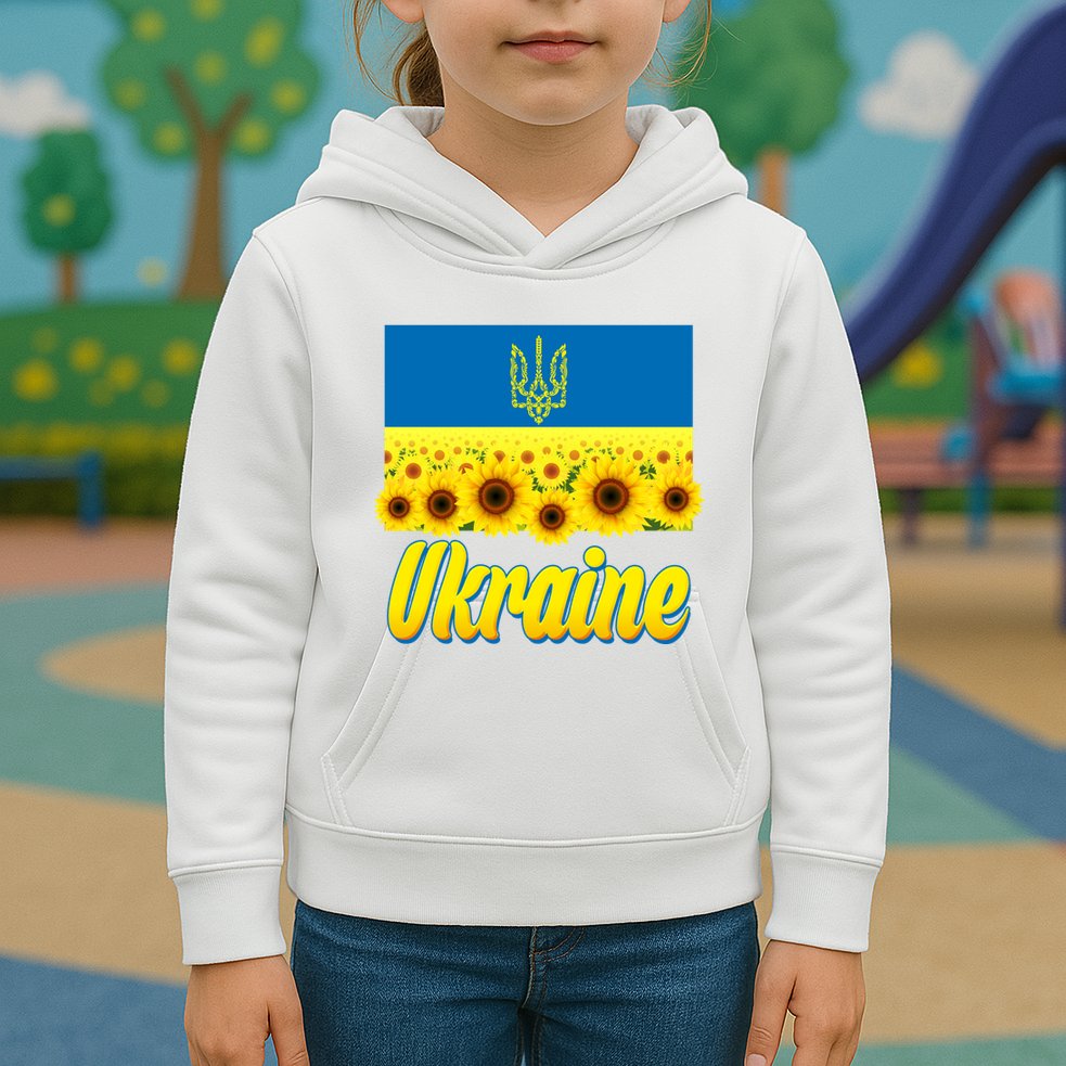 Ukraine Coat Of Arms Flag Blue Sky Field Of Sunflowers Kids Hoodie